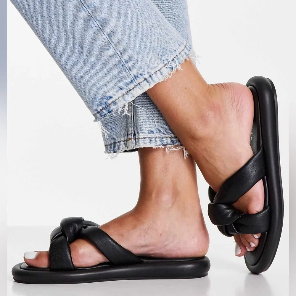 Topshop‎ Black Knotted Slide Sandals | Comfy Minimalist Flats 7.5 - Picture 3 of 8